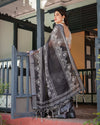 Black & White Pure Cotton Linen Saree | Intricate Floral Design with Blouse & Tassel Edges