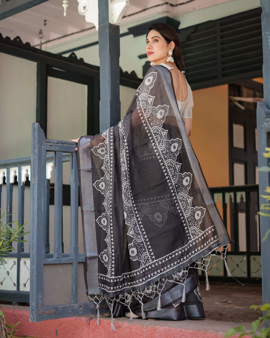 Black & White Pure Cotton Linen Saree | Intricate Floral Design with Blouse & Tassel Edges