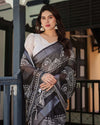 Black & White Pure Cotton Linen Saree | Intricate Floral Design with Blouse & Tassel Edges