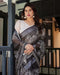 Black & White Pure Cotton Linen Saree | Intricate Floral Design with Blouse & Tassel Edges