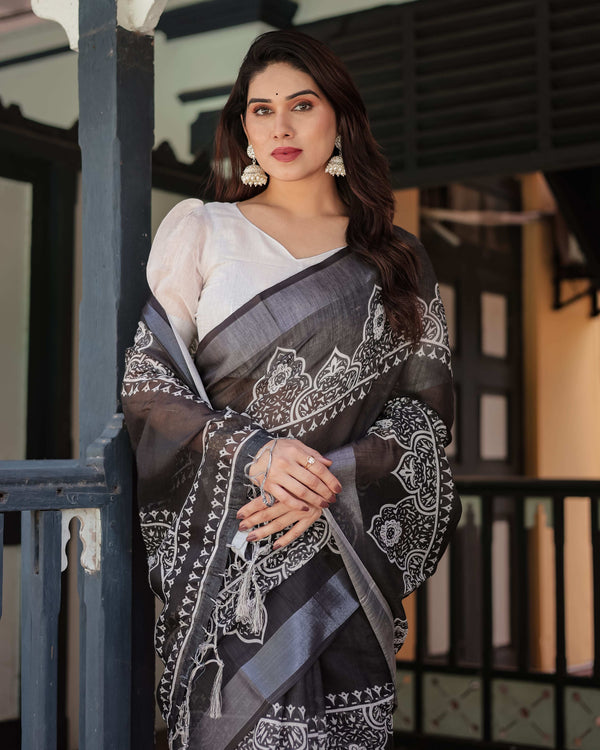Black & White Pure Cotton Linen Saree | Intricate Floral Design with Blouse & Tassel Edges