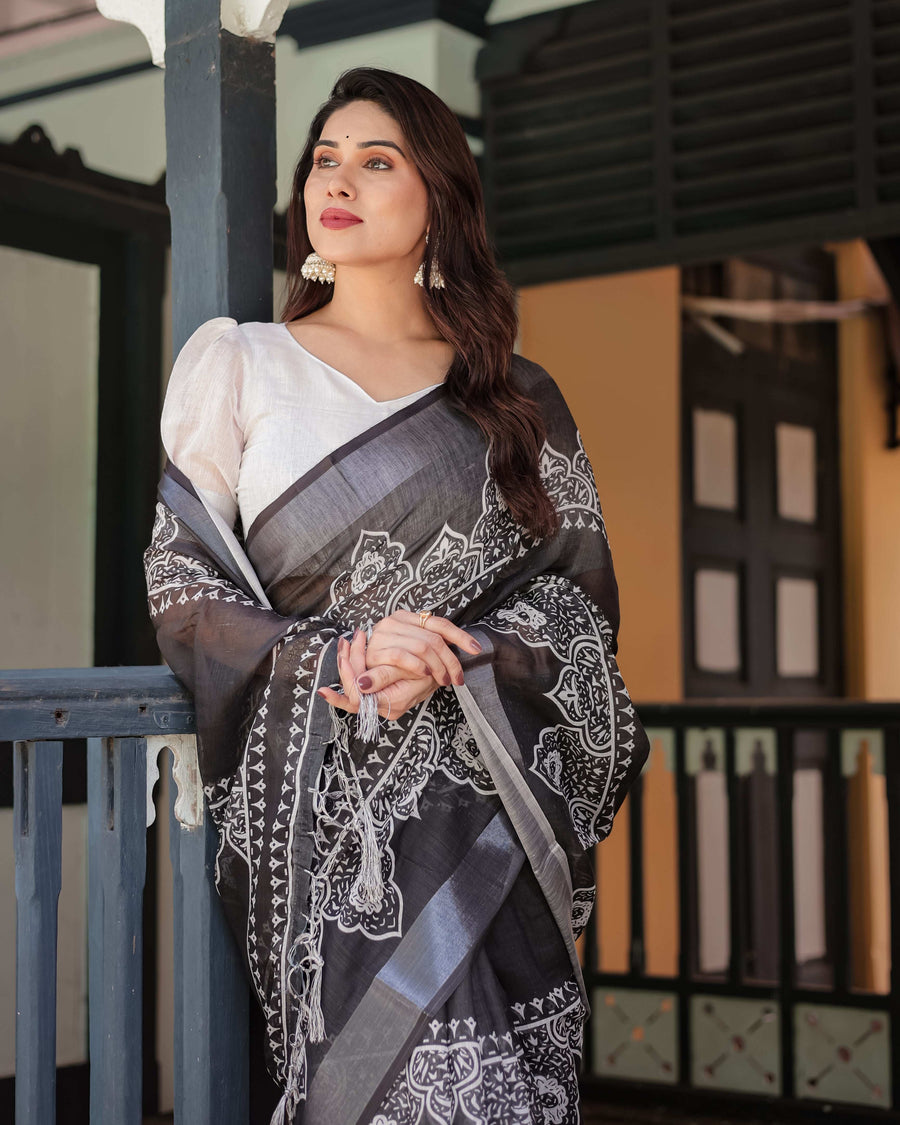 Black & White Pure Cotton Linen Saree | Intricate Floral Design with Blouse & Tassel Edges