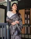 Black & White Pure Cotton Linen Saree | Intricate Floral Design with Blouse & Tassel Edges