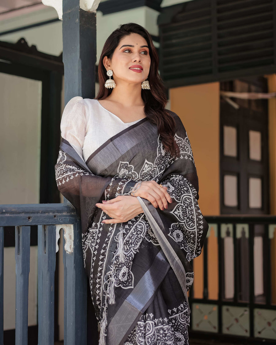 Black & White Pure Cotton Linen Saree | Intricate Floral Design with Blouse & Tassel Edges