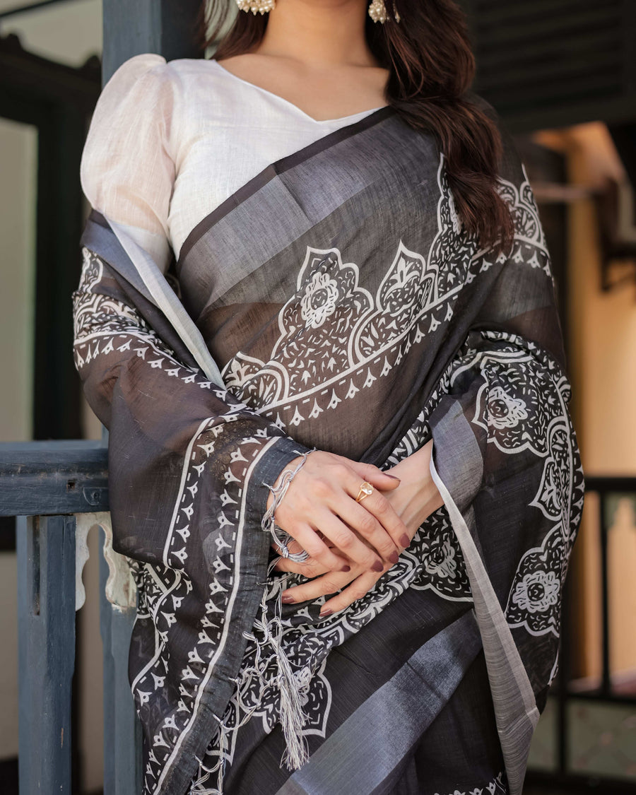 Black & White Pure Cotton Linen Saree | Intricate Floral Design with Blouse & Tassel Edges