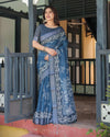 Indigo Blue Pure Cotton Linen Saree | White Floral Pattern with Blouse & Tassel Details