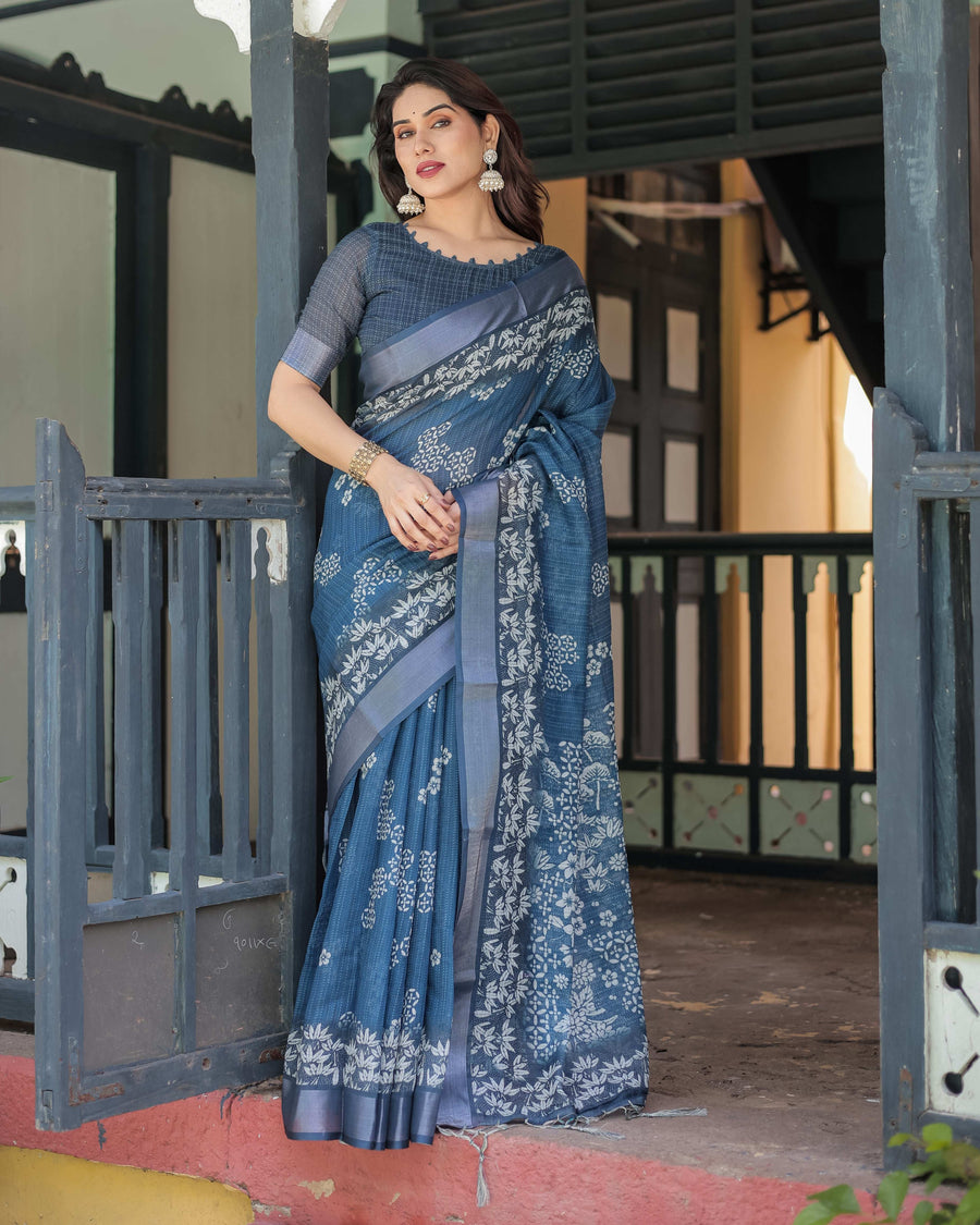 Indigo Blue Pure Cotton Linen Saree | White Floral Pattern with Blouse & Tassel Details