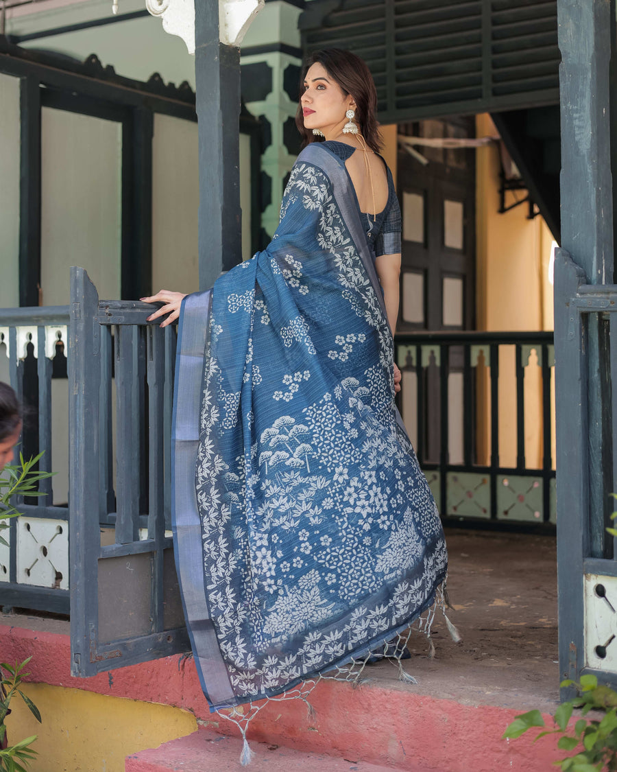 Indigo Blue Pure Cotton Linen Saree | White Floral Pattern with Blouse & Tassel Details