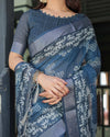 Indigo Blue Pure Cotton Linen Saree | White Floral Pattern with Blouse & Tassel Details