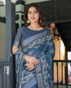 Indigo Blue Pure Cotton Linen Saree | White Floral Pattern with Blouse & Tassel Details