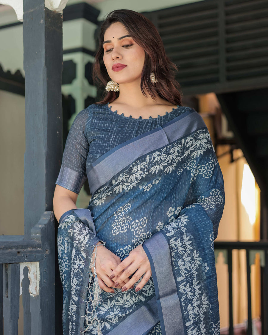 Indigo Blue Pure Cotton Linen Saree | White Floral Pattern with Blouse & Tassel Details