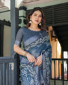 Indigo Blue Pure Cotton Linen Saree | White Floral Pattern with Blouse & Tassel Details