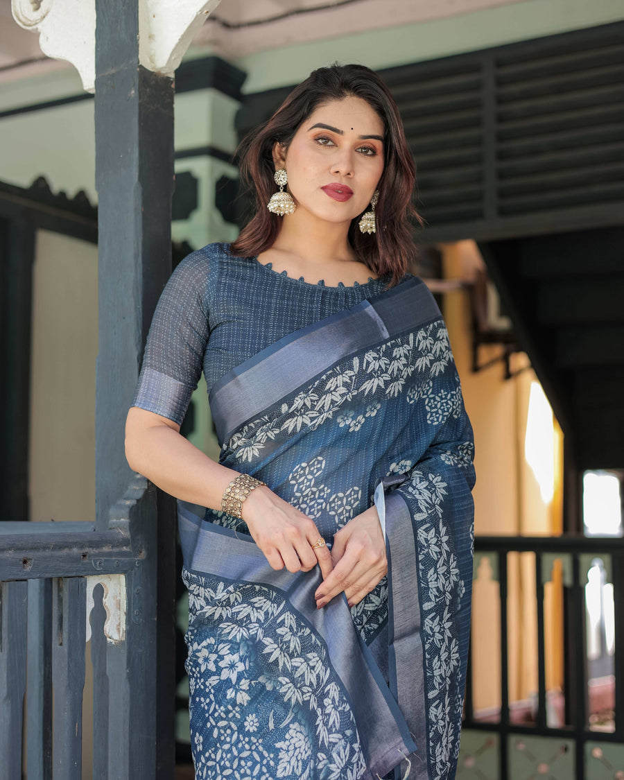 Indigo Blue Pure Cotton Linen Saree | White Floral Pattern with Blouse & Tassel Details