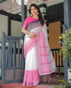 White and Pink Pure Cotton Linen Saree with Intricate Floral and Geometric Border Design and Tassels on Edges