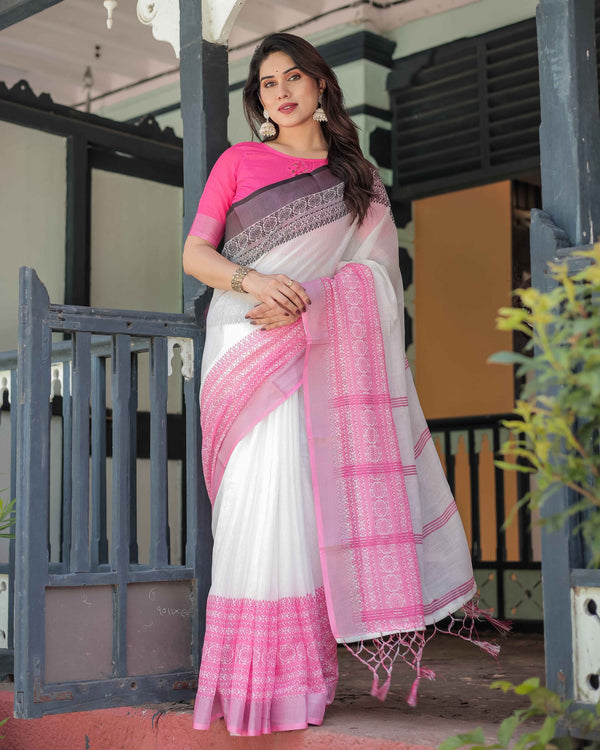 White and Pink Pure Cotton Linen Saree with Intricate Floral and Geometric Border Design and Tassels on Edges