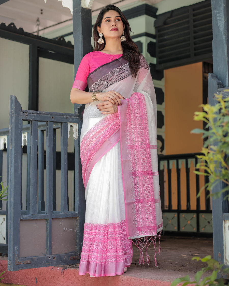 White and Pink Pure Cotton Linen Saree with Intricate Floral and Geometric Border Design and Tassels on Edges