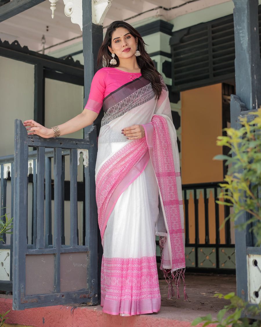 White and Pink Pure Cotton Linen Saree with Intricate Floral and Geometric Border Design and Tassels on Edges