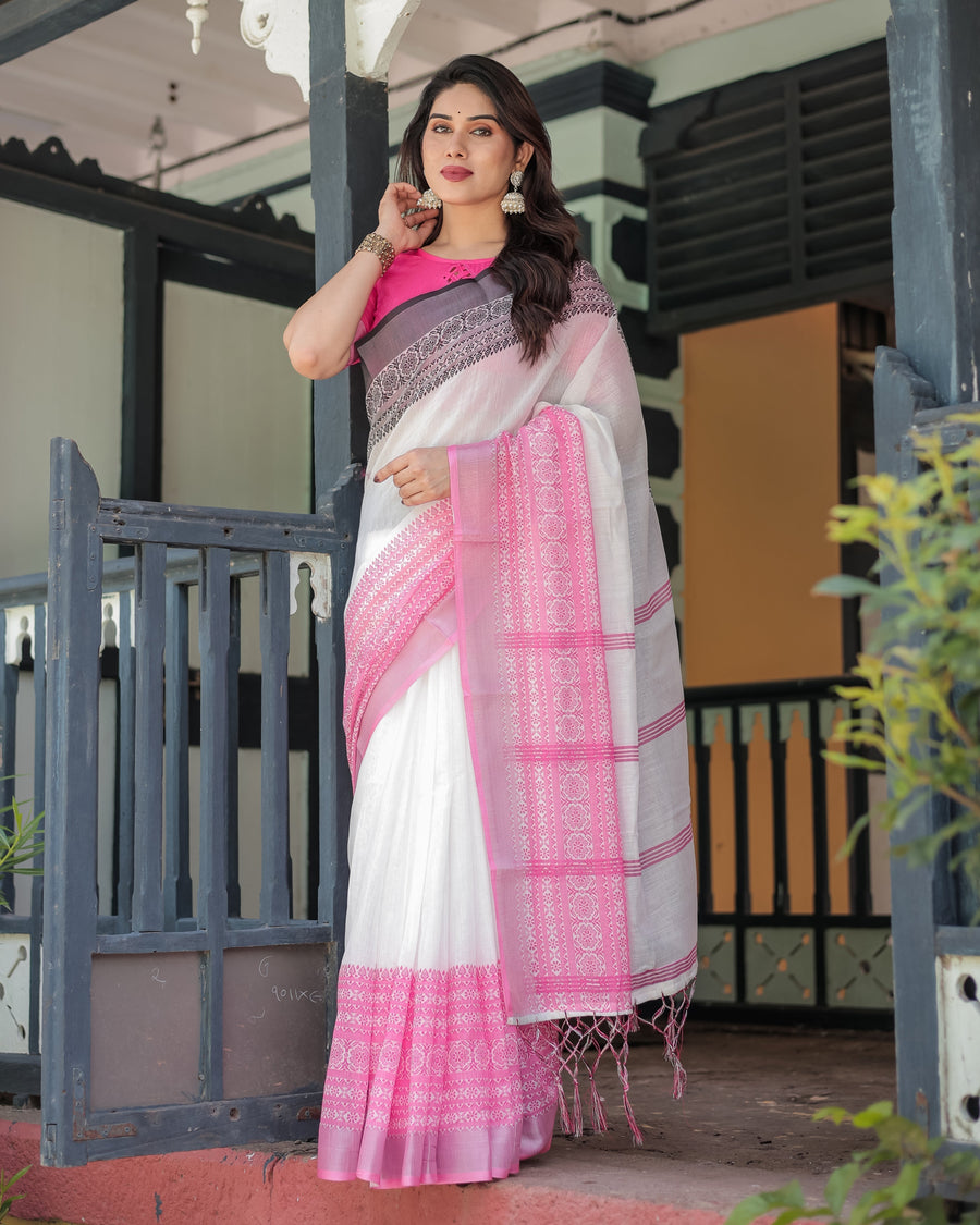 White and Pink Pure Cotton Linen Saree with Intricate Floral and Geometric Border Design and Tassels on Edges