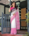 White and Pink Pure Cotton Linen Saree with Intricate Floral and Geometric Border Design and Tassels on Edges