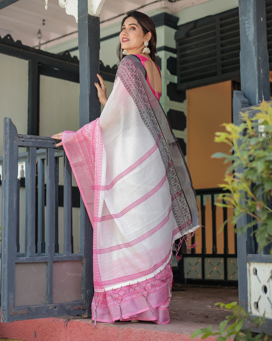 White and Pink Pure Cotton Linen Saree with Intricate Floral and Geometric Border Design and Tassels on Edges