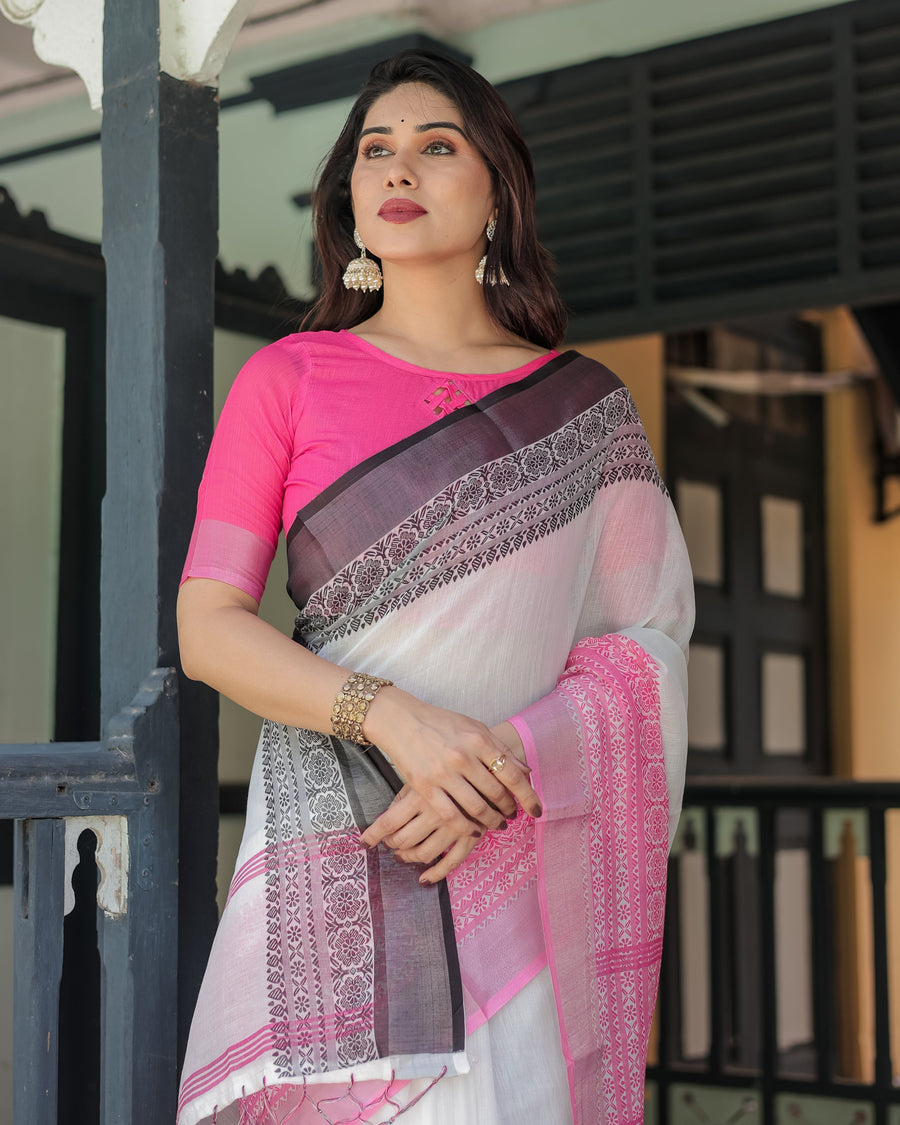 White and Pink Pure Cotton Linen Saree with Intricate Floral and Geometric Border Design and Tassels on Edges
