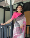 White and Pink Pure Cotton Linen Saree with Intricate Floral and Geometric Border Design and Tassels on Edges