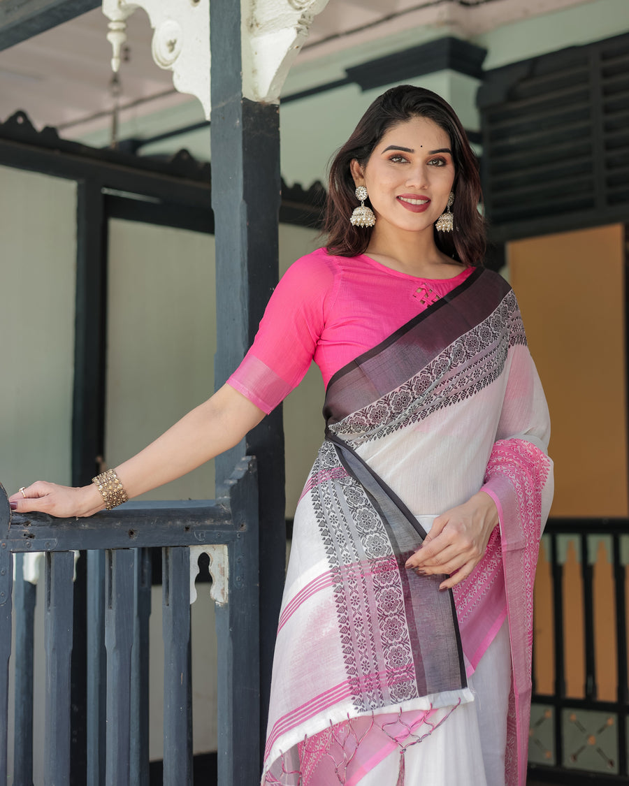 White and Pink Pure Cotton Linen Saree with Intricate Floral and Geometric Border Design and Tassels on Edges