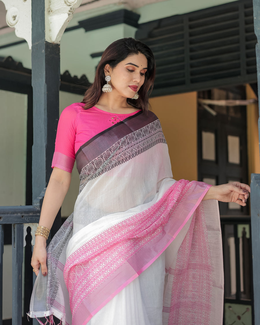 White and Pink Pure Cotton Linen Saree with Intricate Floral and Geometric Border Design and Tassels on Edges