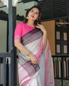 White and Pink Pure Cotton Linen Saree with Intricate Floral and Geometric Border Design and Tassels on Edges
