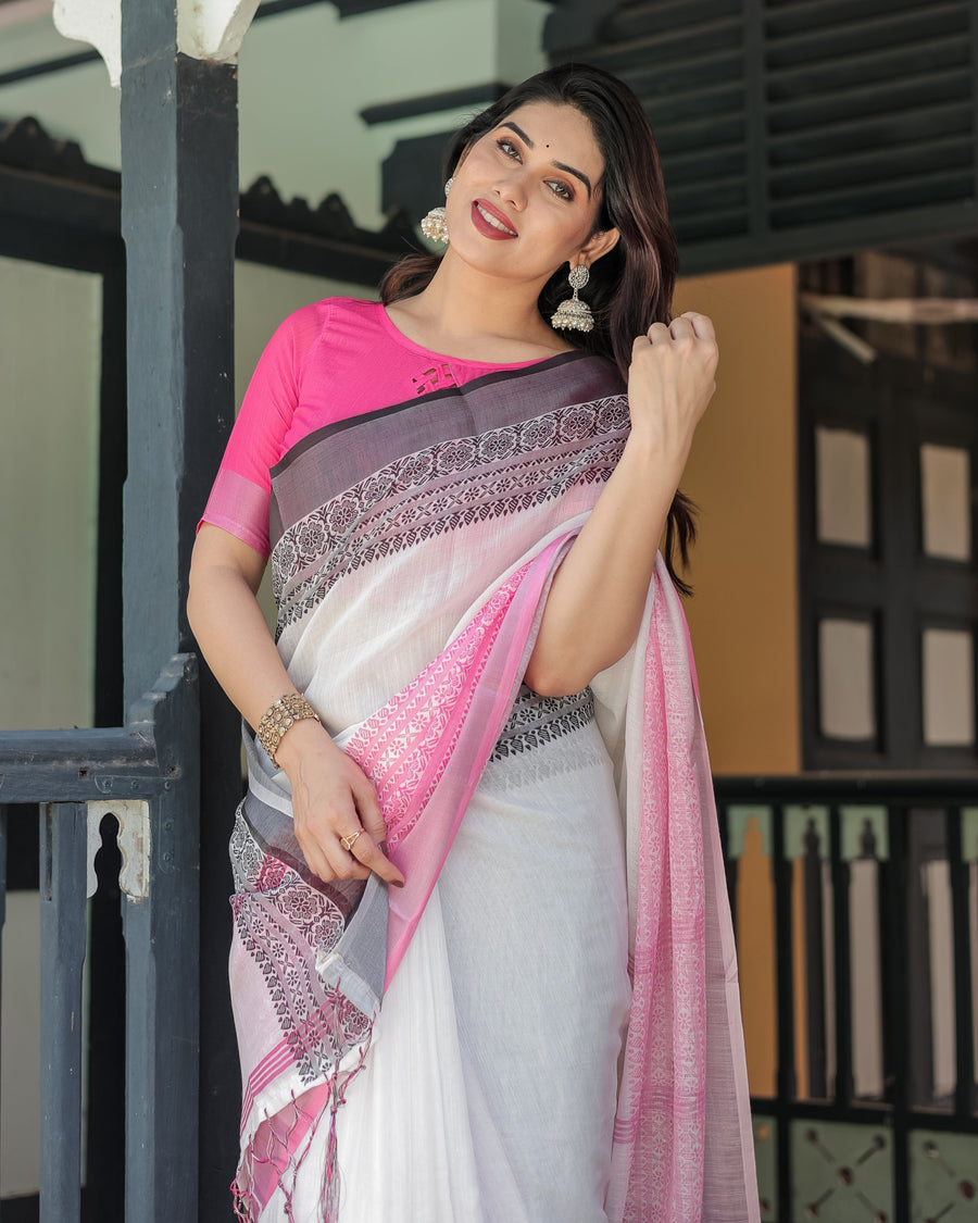 White and Pink Pure Cotton Linen Saree with Intricate Floral and Geometric Border Design and Tassels on Edges