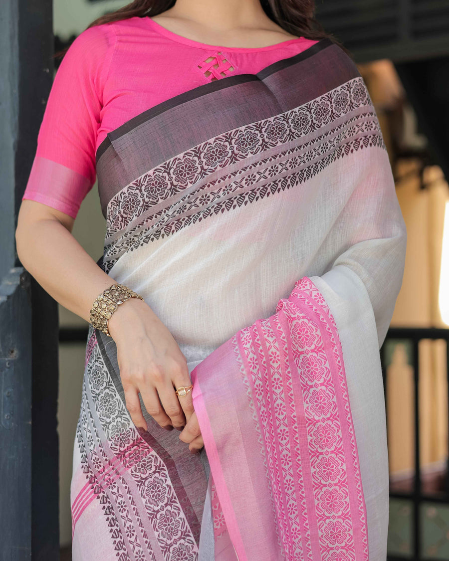 White and Pink Pure Cotton Linen Saree with Intricate Floral and Geometric Border Design and Tassels on Edges