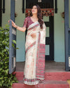 Off-White Pure Cotton Linen Saree | Intricate Geometric Pattern with Blouse & Tassel Edges