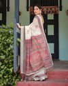 Off-White Pure Cotton Linen Saree | Intricate Geometric Pattern with Blouse & Tassel Edges