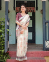 Off-White Pure Cotton Linen Saree | Intricate Geometric Pattern with Blouse & Tassel Edges