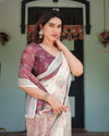 Off-White Pure Cotton Linen Saree | Intricate Geometric Pattern with Blouse & Tassel Edges