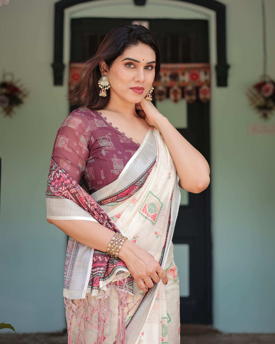 Off-White Pure Cotton Linen Saree | Intricate Geometric Pattern with Blouse & Tassel Edges