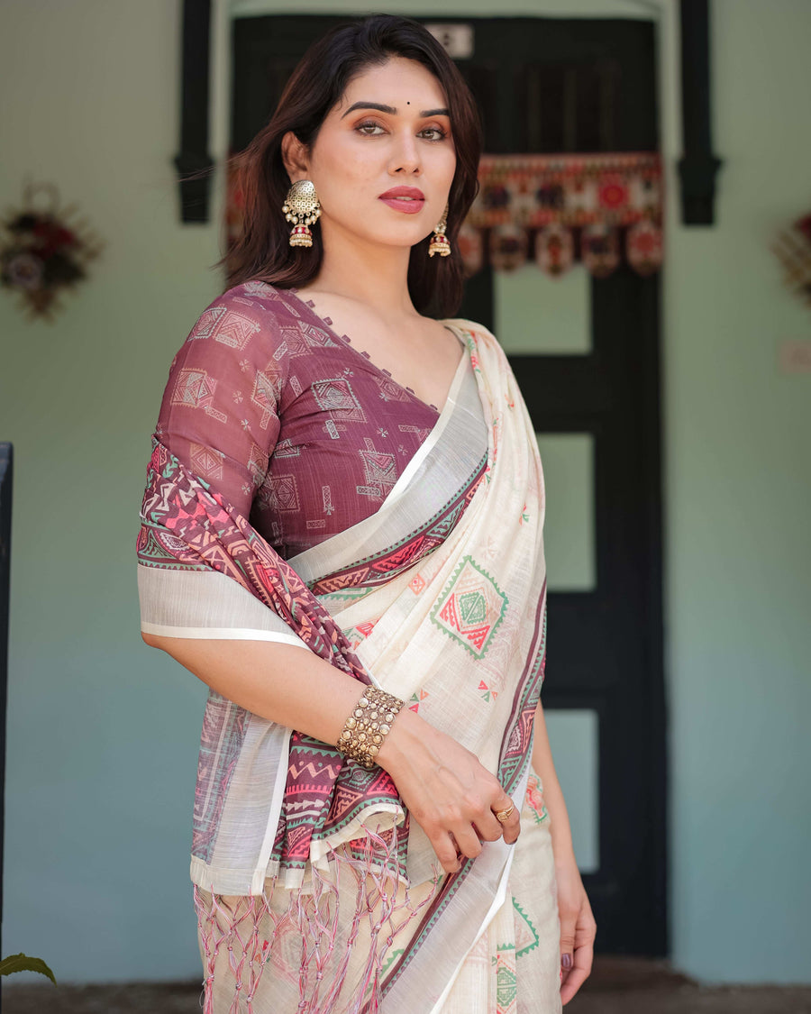 Off-White Pure Cotton Linen Saree | Intricate Geometric Pattern with Blouse & Tassel Edges