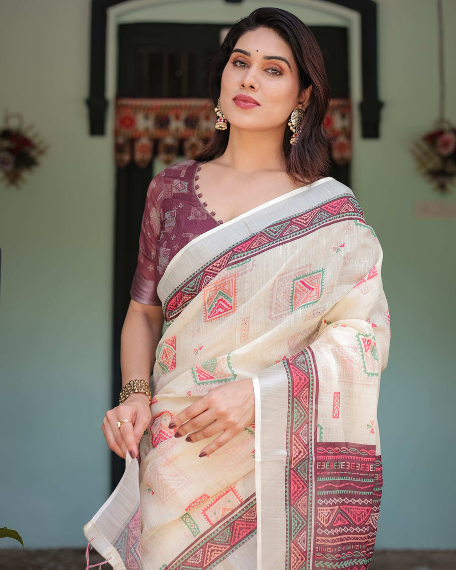 Off-White Pure Cotton Linen Saree | Intricate Geometric Pattern with Blouse & Tassel Edges