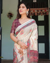 Off-White Pure Cotton Linen Saree | Intricate Geometric Pattern with Blouse & Tassel Edges