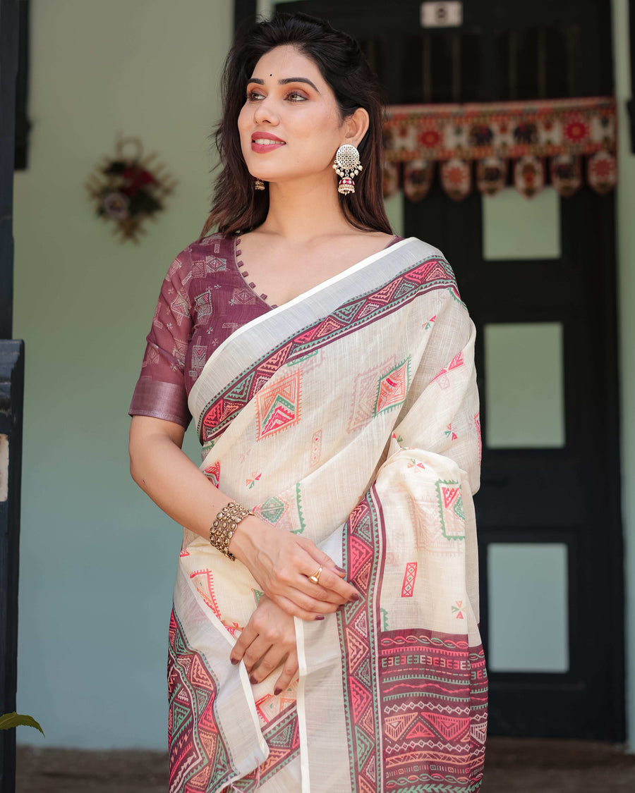 Off-White Pure Cotton Linen Saree | Intricate Geometric Pattern with Blouse & Tassel Edges
