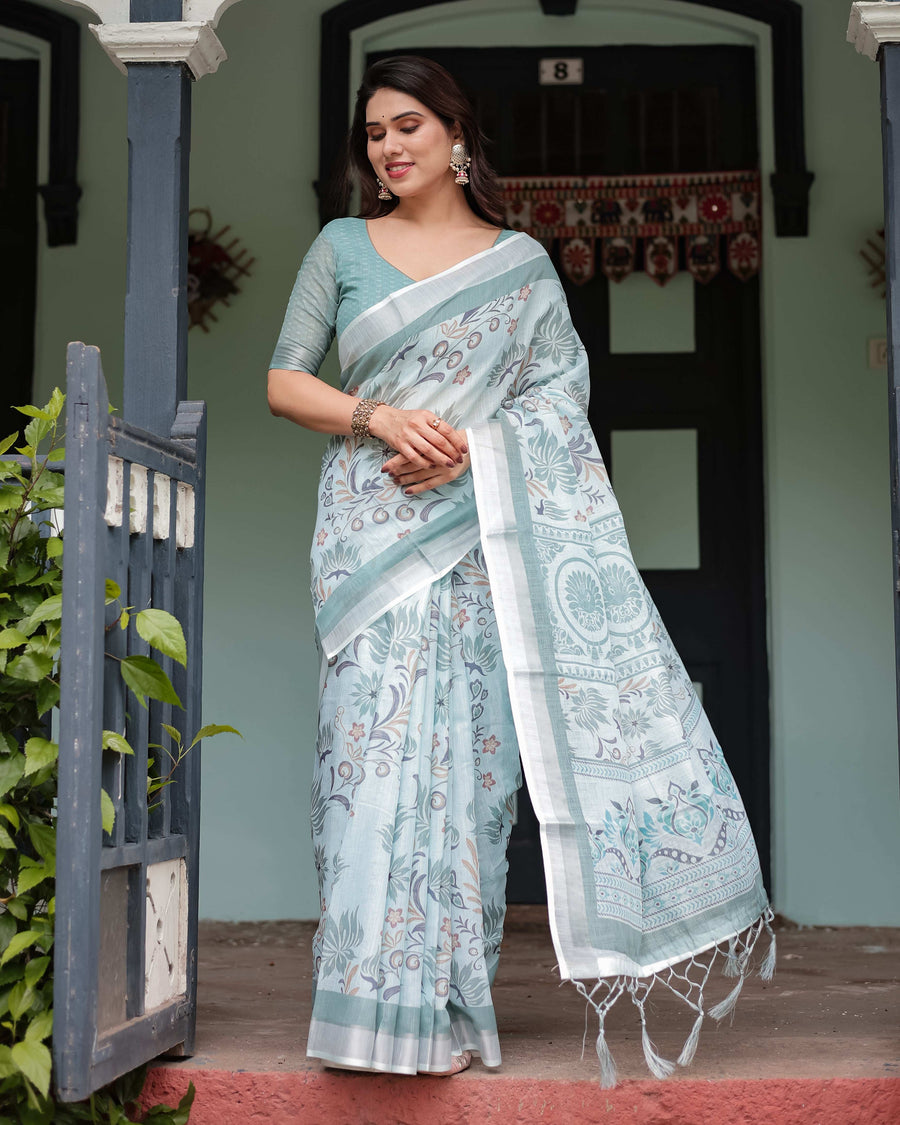 Mint Green Pure Cotton Linen Saree | Floral Design with Blouse & Tassel Detailing