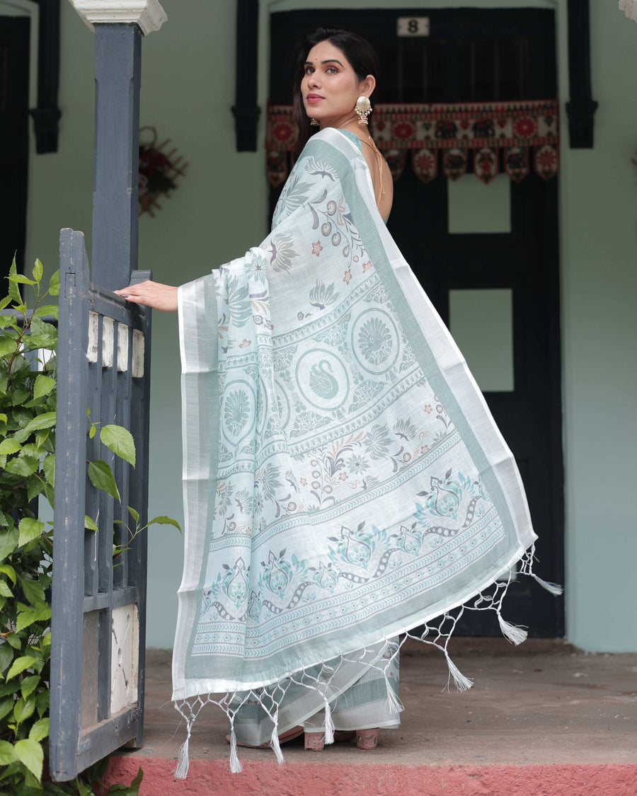 Mint Green Pure Cotton Linen Saree | Floral Design with Blouse & Tassel Detailing