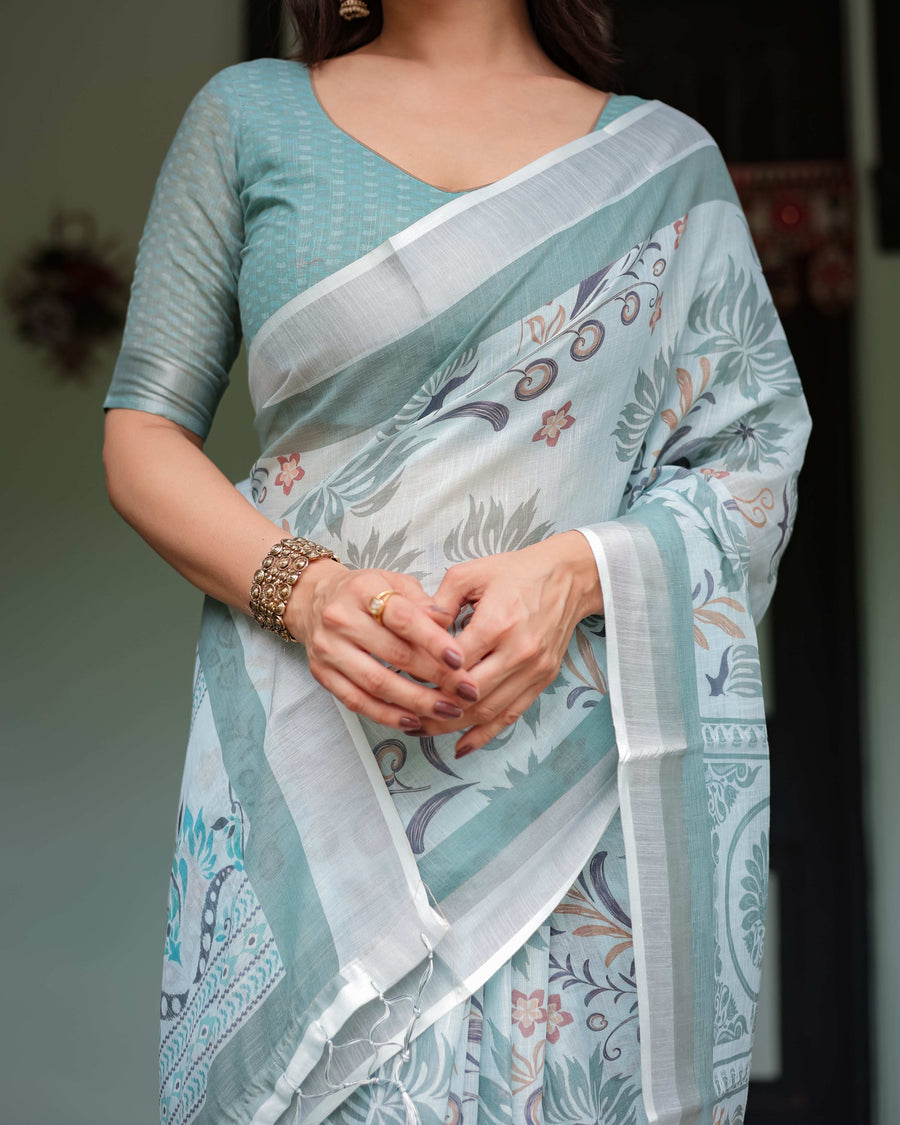 Mint Green Pure Cotton Linen Saree | Floral Design with Blouse & Tassel Detailing