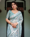 Mint Green Pure Cotton Linen Saree | Floral Design with Blouse & Tassel Detailing