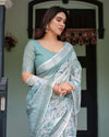 Mint Green Pure Cotton Linen Saree | Floral Design with Blouse & Tassel Detailing