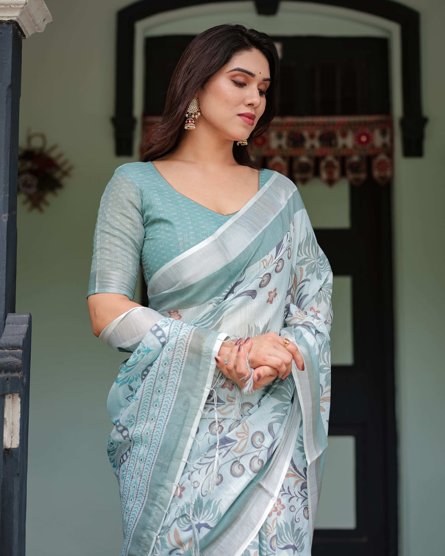 Mint Green Pure Cotton Linen Saree | Floral Design with Blouse & Tassel Detailing