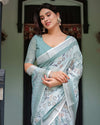 Mint Green Pure Cotton Linen Saree | Floral Design with Blouse & Tassel Detailing