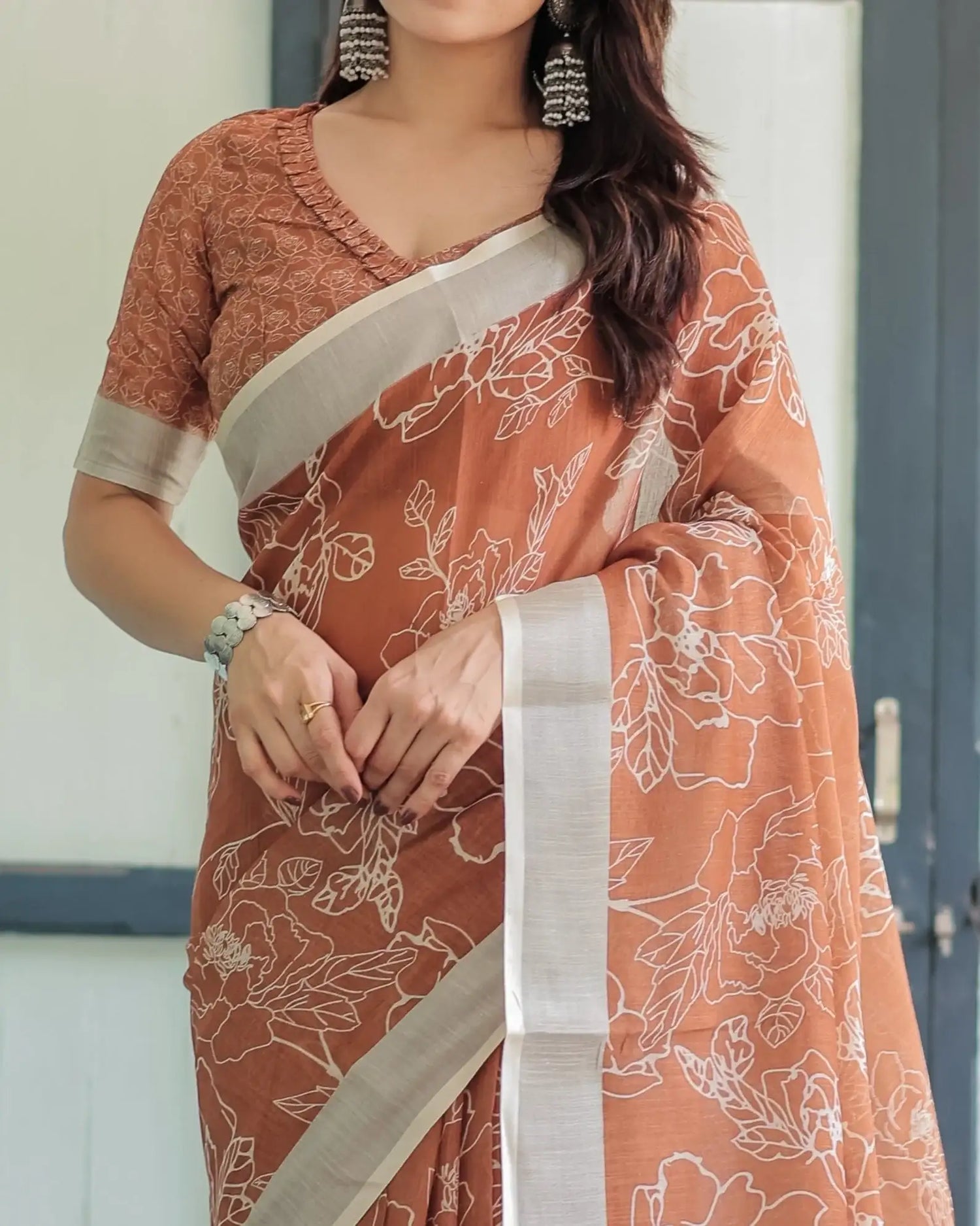 Terracotta Brown Handprinted Pure Cotton Linen Saree | Floral Print with Blouse & Tassels - SHREE ROOP