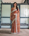 Terracotta Brown Handprinted Pure Cotton Linen Saree | Floral Print with Blouse & Tassels