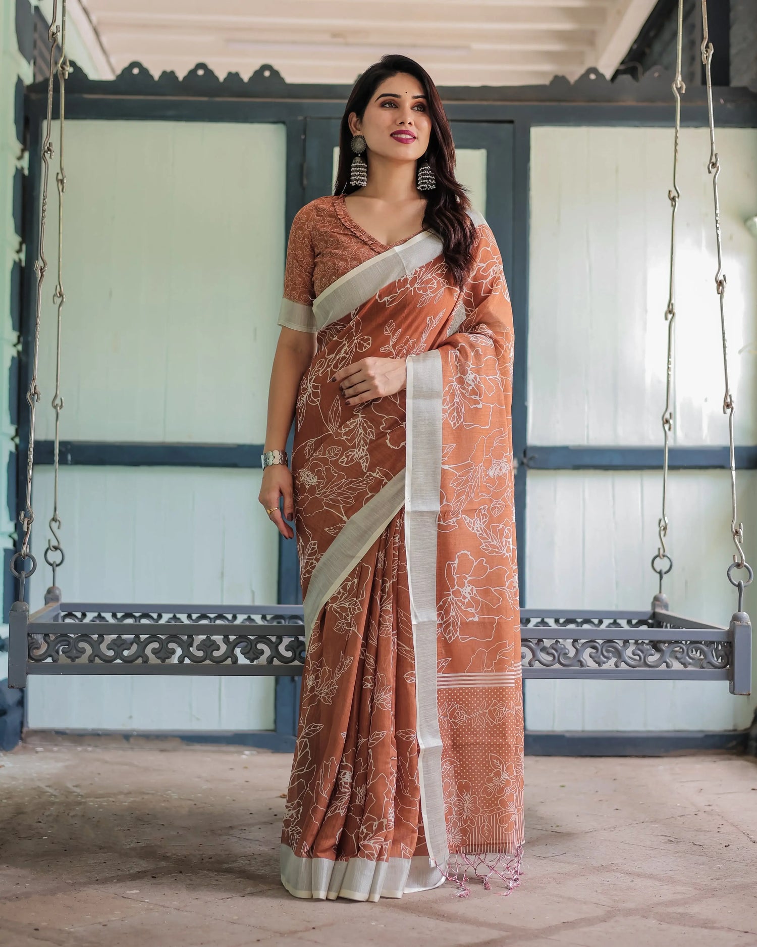 Terracotta Brown Handprinted Pure Cotton Linen Saree | Floral Print with Blouse & Tassels - SHREE ROOP